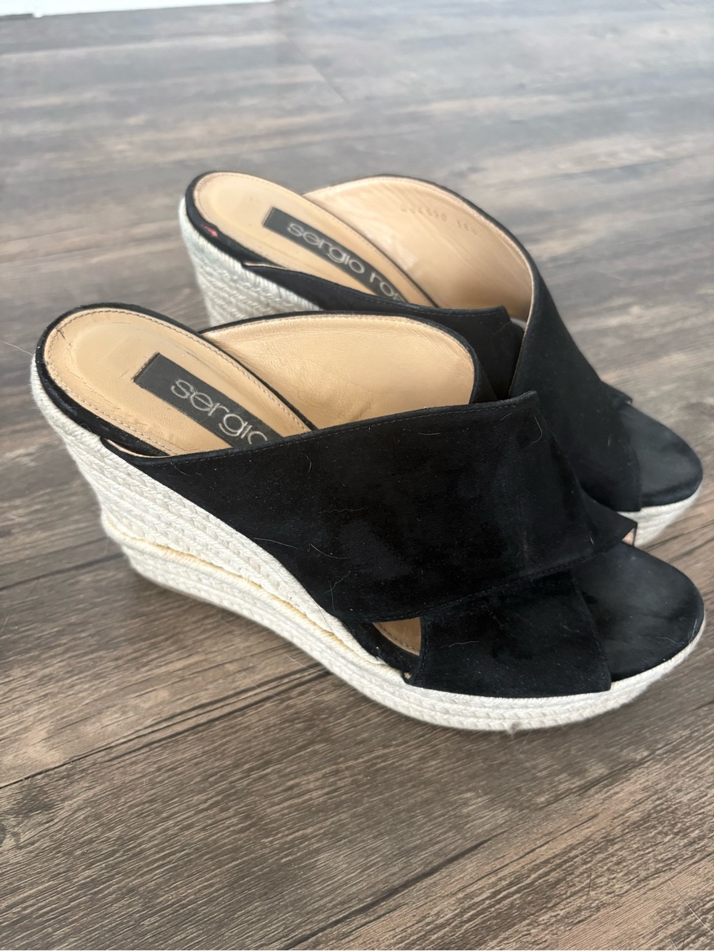 Sergio Rossi Black Suede Espadrille Wedge Mules